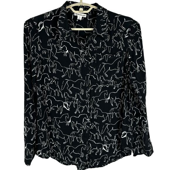 Whistles black button blouse horse equestrian all over print AOP US 8 Cupro prep - Picture 1 of 9